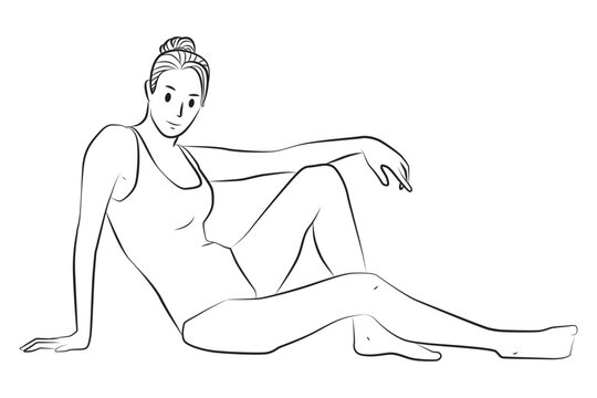 recommend clip art: girl in swimsuit sitting on the floor pose line art outline cartoon illustration