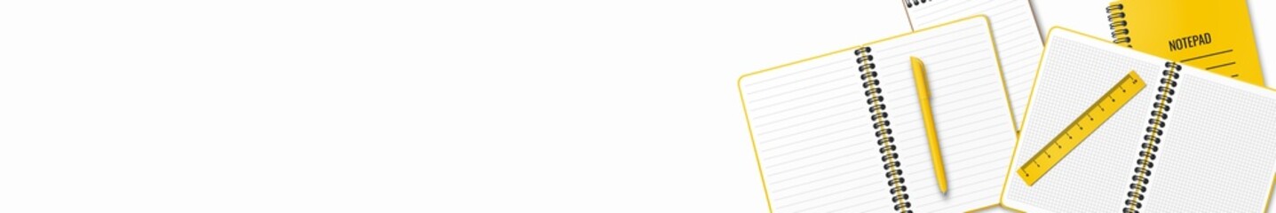 On the table are open and closed notebooks or notepad, a pen and a ruler arranged randomly. Illustration on a white background. Place for your text. Flat lay. Copy space. Back to school concept.