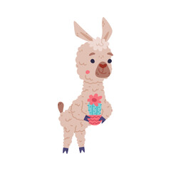 Fototapeta na wymiar Cute baby llama holding cactus in flower pot. Alpaca character domesticated animal. Childish print for sticker, card, textile, nursery decor vector illustration