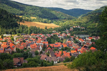 Fototapeta na wymiar Bergstadt Lautenthal im Harz, Rund um Lautenthal, Goslar, Harz, Bergbau, Bergbauleerpfad, Wandern und Panorama