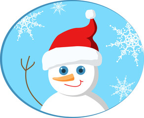 Snowman portrait on blue light background with snowflakes.