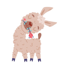 Cute baby llama with flower in its mouth. Alpaca domesticated animal. Childish print for sticker, card, textile, nursery decor vector illustration