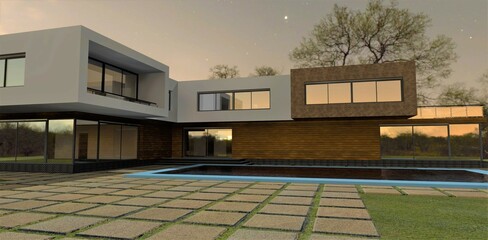 An amazing bright evening in a country villa. A small pool surrounded by concrete slabs. Wood wall decoration. The windows reflect the night lights. 3d render.