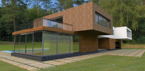 Wonderful country house in a deciduous forest. Glass greenhouse. Facade decoration with wood. The balcony is fenced with glass panels. The pavement is paved with concrete slabs. 3d render.
