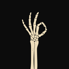 Skeleton hand shows ok sign. Hand drawn modern Vector illustration. Halloween concept. Cartoon style. Isolated on black. Poster, print, design template