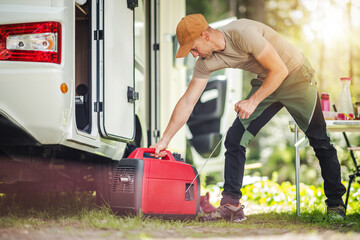 Firing Portable Inverter Generator While RV Camping - obrazy, fototapety, plakaty