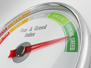 Fear And Greed Index. The index shows which moods prevail in the stock market Extreme Greed gauge. 3d rendering