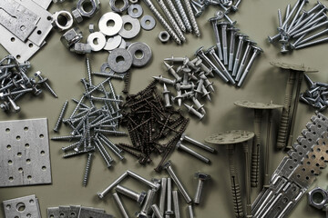 Set of bolts nuts nails metal fasteners. Consumable hardware tools. assortment steel screws...