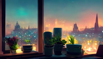 Window view of a city at night. Lofi, anime, manga style. Desk to study. Chill, cozy, comfortable room. Messy  place. Relaxed colorful appartment, tranquil digital painting. 4k wallpaper, background. - obrazy, fototapety, plakaty