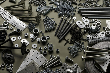 Set of bolts nuts nails metal fasteners. Consumable hardware tools. assortment steel screws...