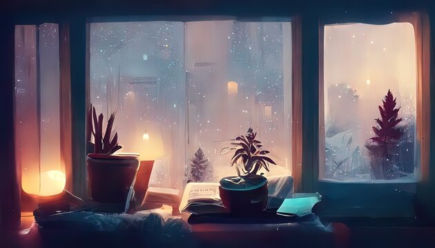 Calm lofi desk, interior. A cold winter evening. A messy cozy place in the style of lo-fi, anime, manga. An empty study room with chill vibes. A relaxed colorful place. 4k wallpaer, background.