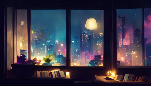 Window view of a city at night. Lofi, anime, manga style. Desk to study. Chill, cozy, comfortable room. Messy  place. Relaxed colorful appartment, tranquil digital painting. 4k wallpaper, background.