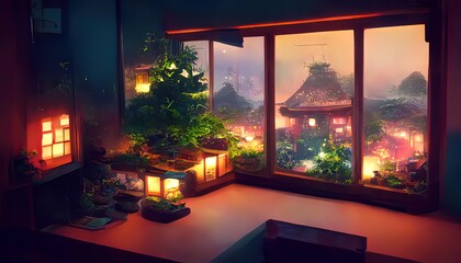Japanese interior. Window view with a desk. Lofi, manga, anime style. Chill cozy room. 
