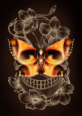 Skull butterfly with flowers - raster illustration