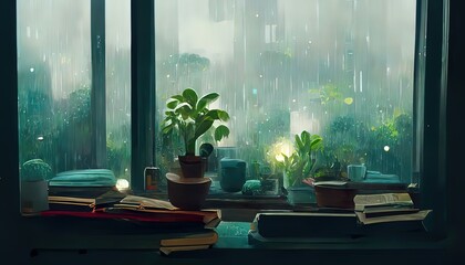 Lofi empty interior.  Window view of a rainy day, anime, manga style. Colorful study lo-fi desk. Cozy chill vibe. Rain day, grey cold outside. 4k wallpaper.