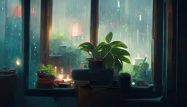 Lofi Empty Interior.  Window View Of A Rainy Day, Anime, Manga Style. Colorful Study Lo-fi Desk. Cozy Chill Vibe. Rain Day, Grey Cold Outside. 4k Wallpaper.