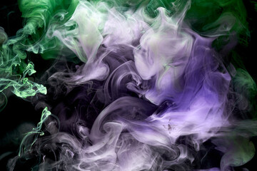 Green purple smoke abstract background, acrylic paint underwater explosion