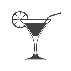 Icon of wine glass with slice of lemon and straw isolated on white background.