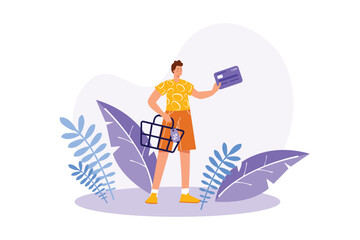 Online shopping concept with people scene in the flat cartoon style. Man chooses goods in an online store and pays for them using a tablet. Vector illustration.