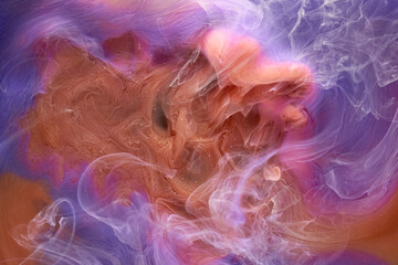 Multicolored orange lilac smoke abstract background, acrylic paint underwater explosion