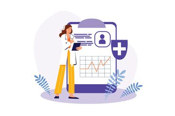 Medical office concept with people scene in the flat cartoon design. Doctor develops a treatment method for patient analyzing his health data. Vector illustration.