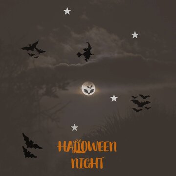 Halloween background with bats moon and witch