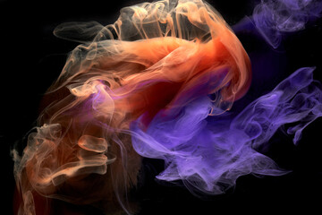 Blue orange multicolored smoke abstract background, acrylic paint underwater explosion