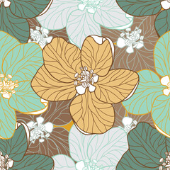 Delicate layered Apple flowers seamless vector pattern in autumn colour palette. Suitable for wallpapers, home textiles and fashion fabrics.
