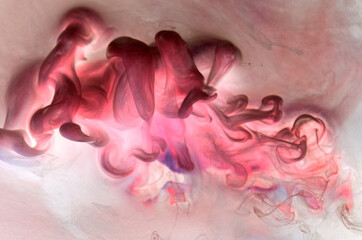 Multicolored pink smoke abstract background, acrylic paint underwater explosion