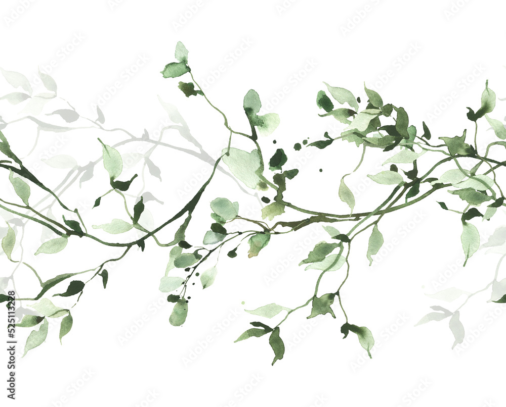 Wall mural Watercolor painted greenery seamless frame on white background. Green wild plants, branches, leaves and twigs.