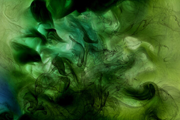 Green blue smoke abstract background, acrylic paint underwater explosion