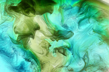 Green blue smoke abstract background, acrylic paint underwater explosion