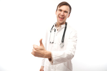 Fototapeta premium Portrait of happy doctor in white medical coat showing gesture all is well isolated on white background with copy space