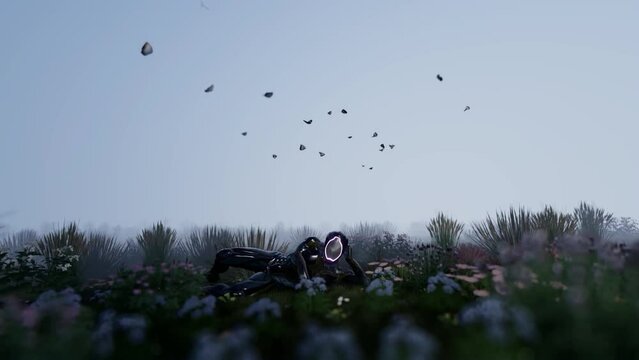 Alien sitting on a flower meadow with butterflies flying