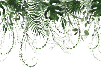 Watercolor jungle exotic greenery seamless border frame. Dark green exotic palm branches, monstera leaves, fern twigs. © satika