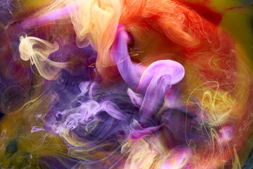 Multicolored bright contrast light smoke abstract background, acrylic paint underwater explosion