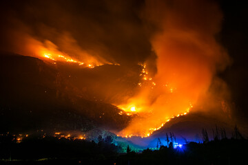 Fototapeta na wymiar plano general incendio forestal denoche con bomberos