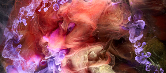 Multicolored bright contrasting dark smoke abstract background, acrylic paint underwater explosion