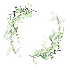 Watercolor greenery frame on white background. Light green, emerald wild branches, leaves and twigs wreath.