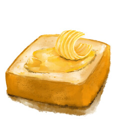 Toast with butter yellow milky spread dairy product watercolor painting illustration