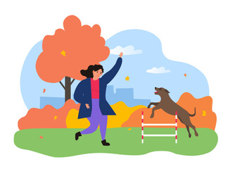 woman training dog jumping barrier in the autumn park vector illustration