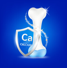 Shield aluminum calcium transparent and bone human healthy. Foods vitamins minerals logo products template design. Medical food supplement concepts. 3D Realistic Vector EPS10.