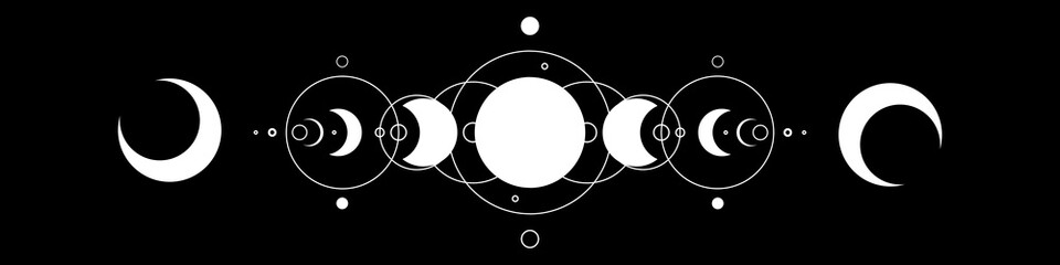 White magic moon phases flat icon illustration. Tattoo, astrology, alchemy, boho and magic symbol. Vector illustration isolated on black background.