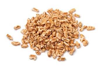 Heap of puffed oat close up isolated on white background