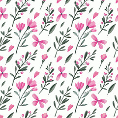 Seamless pattern with pink flowers and branches on a white background. Watercolor illustration. Plants. Wallpaper. Print on fabric and wrapping paper. Art. Design. Handmade work. Nature. Blossom.