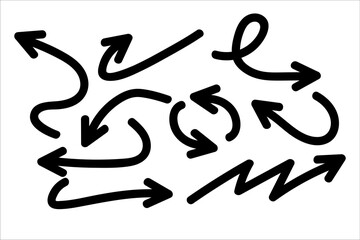 Isolated vector hand drawn arrows set on a white background. Doodle Vector Arrow Set.