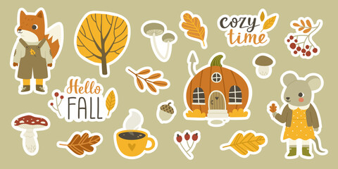 Cozy autumn sticker pack with baby animals and fairy tale house. Cute cartoon fall season set.