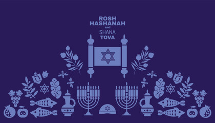 Rosh hashanah , Shana Tova - jewish new year holiday banner  template design. Pomegranate, honey, wine, menorah, candle, star David, apple, shofar, flower  Vector flat icon  illustration