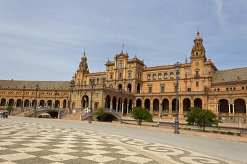 Plaza de Espana in Seville in Spain. One of the most spectacular monuments in the world and one of the best buildings of Andalusian regionalism. - obrazy, fototapety, plakaty