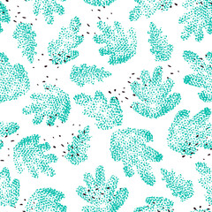 Summer seamless pattern with textured leaves. Dynamic composition of plant motifs. Spring and summer seasons. Flat vector illustration.